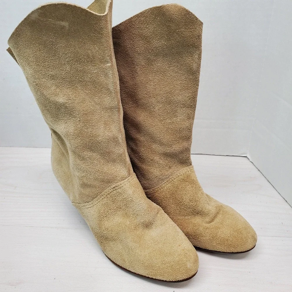 Kinney Shoes Tan Suede Slouchy Mid Calf Boots‎ Low Heel Ankle Booties Size 7 M